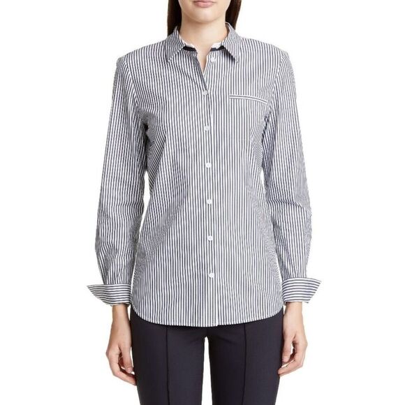 Lafayette 148 New York Paget Courtland Blouse in Retro Blue Multi NWT Size Small - Picture 1 of 8